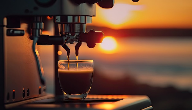 Close up coffee extraction or pouring espresso shot from coffee machine with sunset Generative Ai