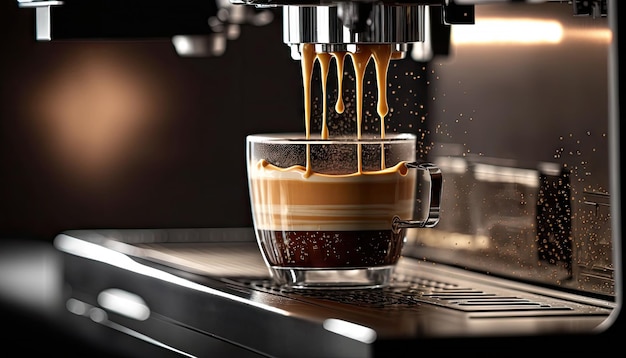 Close up coffee extraction or pouring espresso shot from coffee machine with sunset Generative Ai