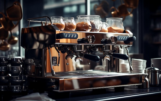 Close up of coffee machine making espresso in white cup shallow depth of field