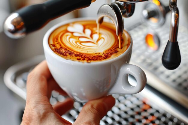 Close Up of Coffee Pouring from Machine into Cup with Latte Art