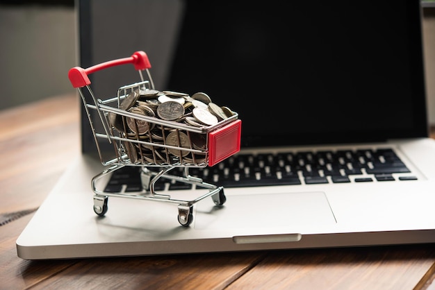 Close-up of coins in miniature shopping cart on laptop