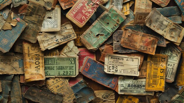 Close up of a collection of old faded and torn tickets and paper scraps