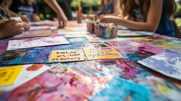 Photo close up of colorful art pieces displayed at an outdoor art gallery