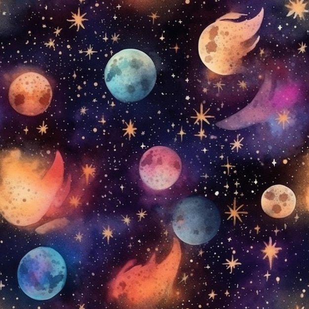 a close up of a colorful background with stars and planets generative ai