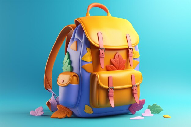 A close up of a colorful backpack on a blue background