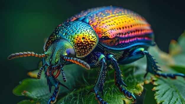 a close up of a colorful beetle on a leaf with green leaves generative ai