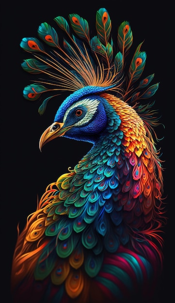 Close up of a colorful bird on a black background generative ai