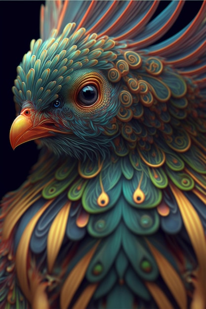 Close up of a colorful bird on a black background generative ai