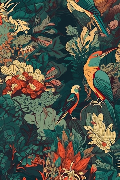 a close up of a colorful bird and flowers on a dark background generative ai