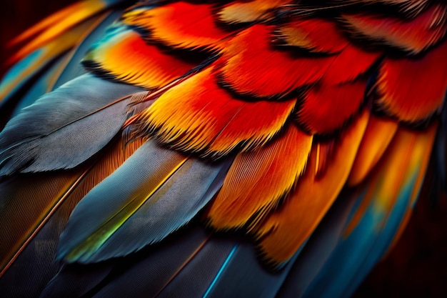 Close up of colorful bird's feathers with black background Generative AI