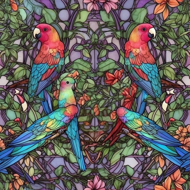 a close up of a colorful bird on a tree with flowers generative ai