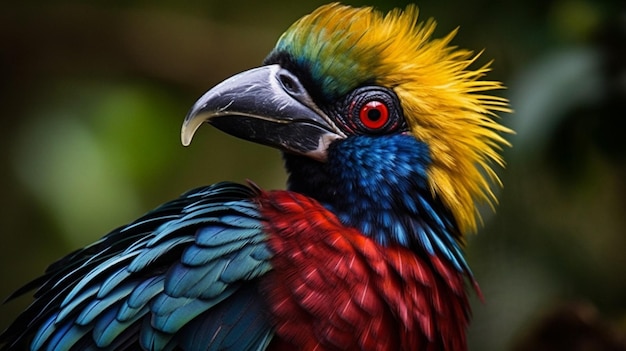 A close up of a colorful bird with a black beak and red and yellow feathers.