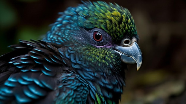 A close up of a colorful bird with a dark background