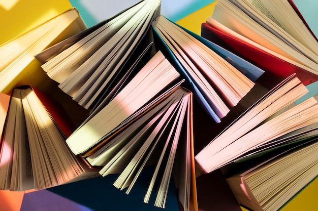 Close up on colorful books pile