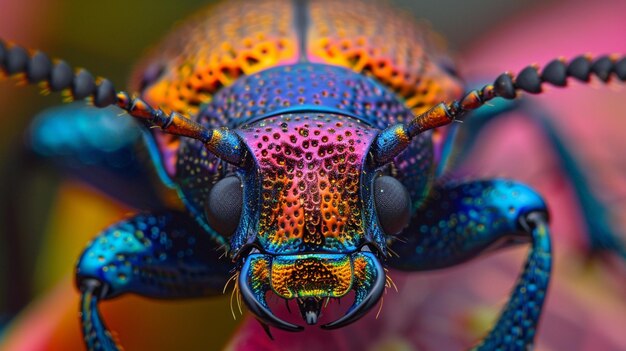 a close up of a colorful bug on a pink flower generative ai