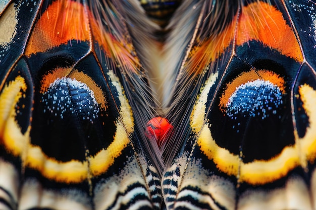 Close up of a colorful butterfly wing with vibrant patterns and textures against a blurred background