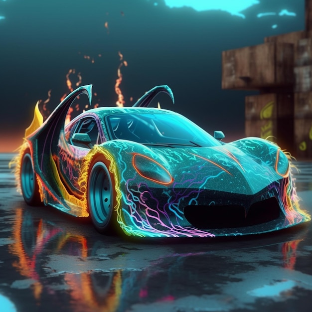 A close up of a colorful car with flames on the side generative ai