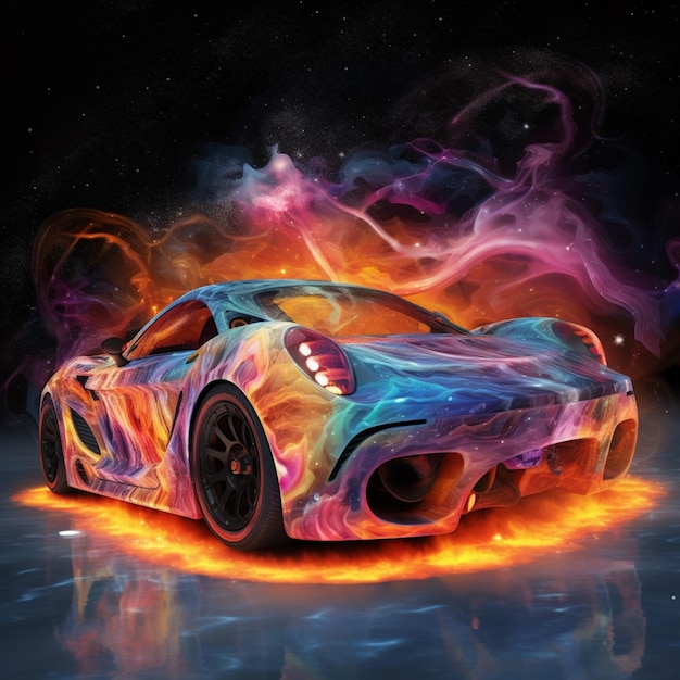 A close up of a colorful car with a lot of smoke generative ai