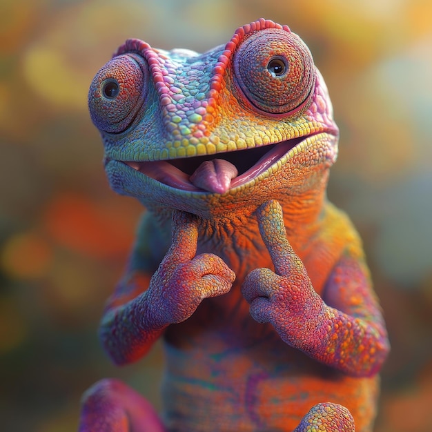 Close up of a colorful chameleon on a blurred background