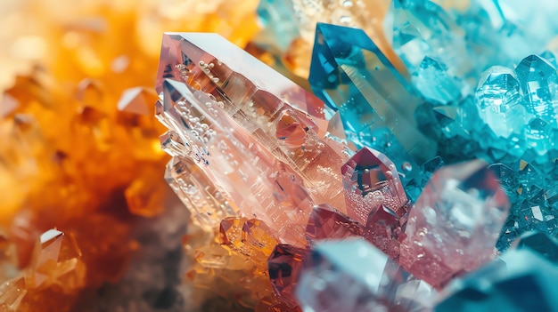 Close up of colorful crystals with orange blue and pink hues