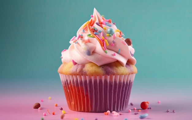 A close up colorful cupcake on a pastel background sweet dessert bakery food ai generated