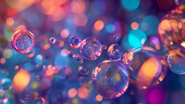 close up of colorful and dark blue bubbles are arranged in a rainbow pattern drink