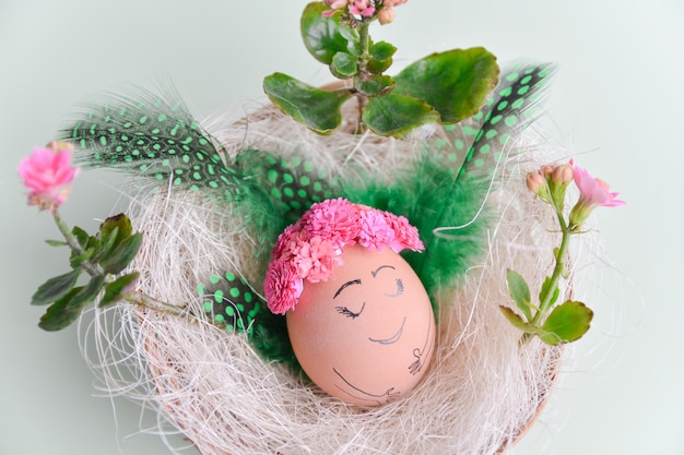 Close up of colorful Easter egg.  Easter holiday concept with cute handmade egg. 