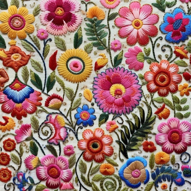 a close up of a colorful embroidered fabric with flowers and leaves generative ai