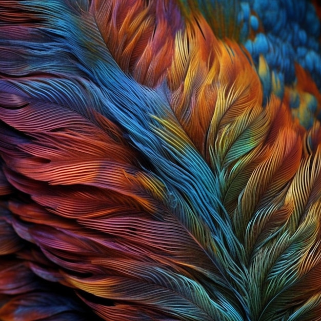 A close up of a colorful feather with a black background generative ai