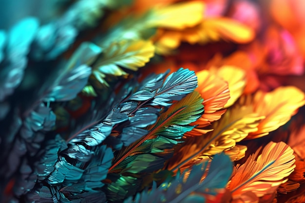 a close up of a colorful feather with the word feather on it