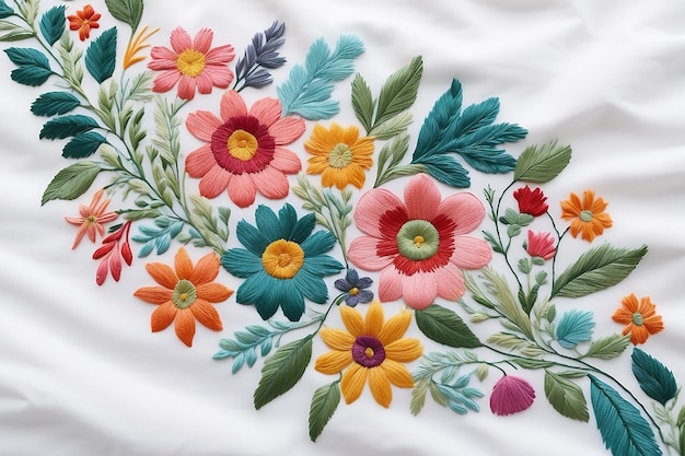 Photo a close up of a colorful floral embroidered on a white cloth generative ai