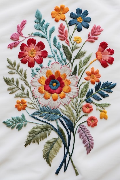 Photo a close up of a colorful floral embroidered on a white cloth generative ai