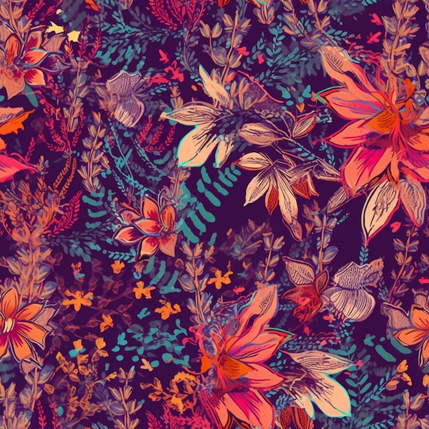 A close up of a colorful floral pattern with many different flowers generative ai