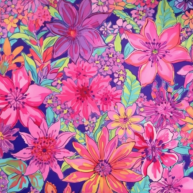 a close up of a colorful floral print fabric with lots of flowers generative ai