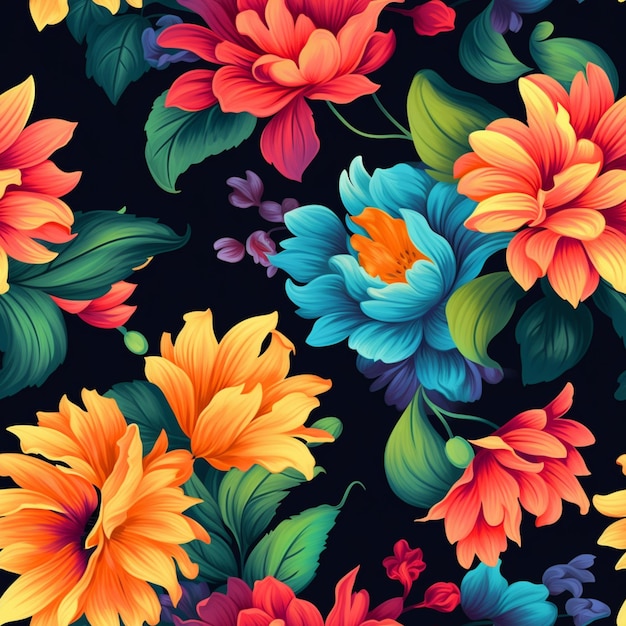 A close up of a colorful flower pattern on a black background generative ai