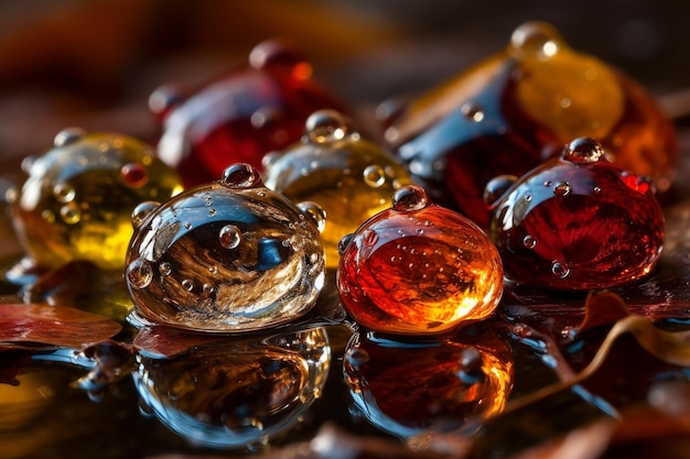 A close up of colorful glass beads on a reflective surface