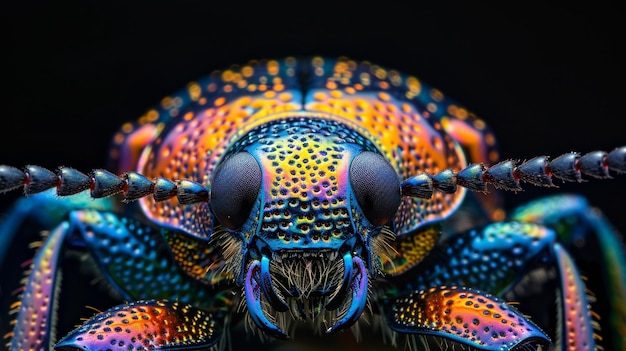 a close up of a colorful insect with a black background generative ai