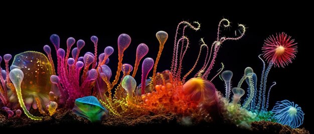 A close up of a colorful jellyfish with the word sea on the bottom.