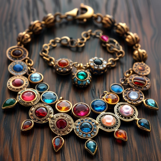 A close up of a colorful jeweled necklace with a gold chain on a dark wooden background