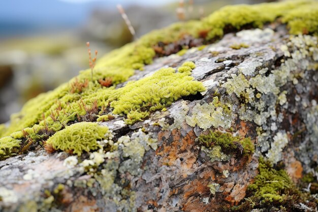 Close up of colorful lichens growing on a rock in the tundra Various shades of green yellow orange and red and they contrast beautifully with the gray rock