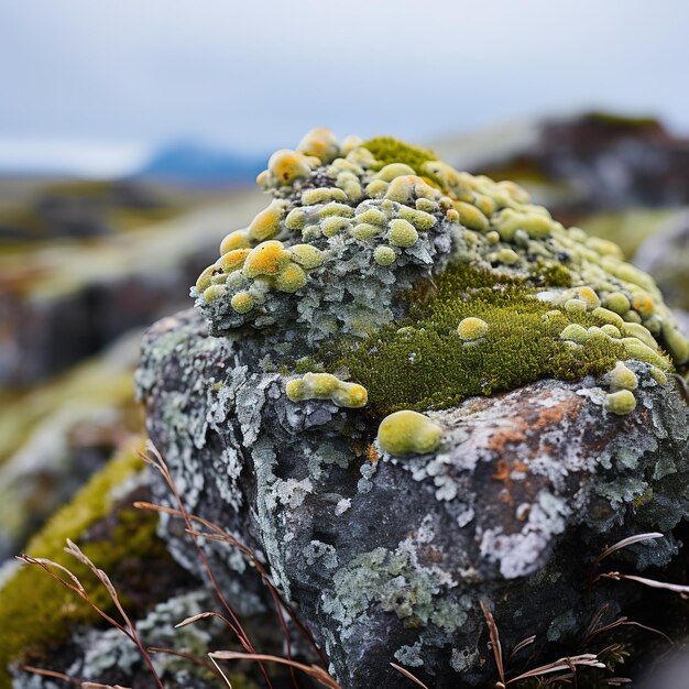 Close up of colorful lichens growing on a rock in the tundra Various shades of green yellow orange and red and they contrast beautifully with the gray rock