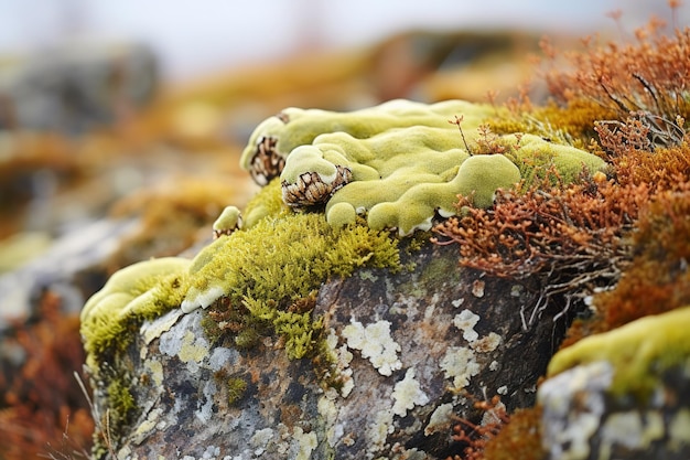 Close up of colorful lichens growing on a rock in the tundra Various shades of green yellow orange and red and they contrast beautifully with the gray rock