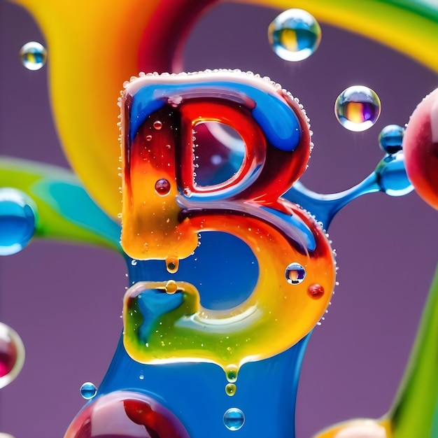 Photo a close up of a colorful liquid letter b with bubbles and a liquid drop