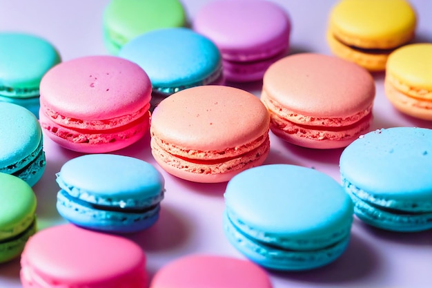 Close up colorful macarons dessert with pastel background.