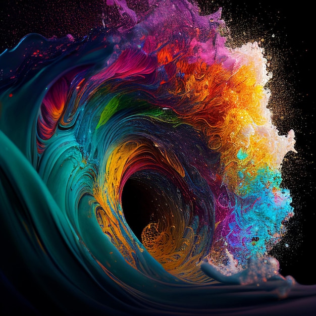 A close up of colorful painting wave crashing into the water generative ai