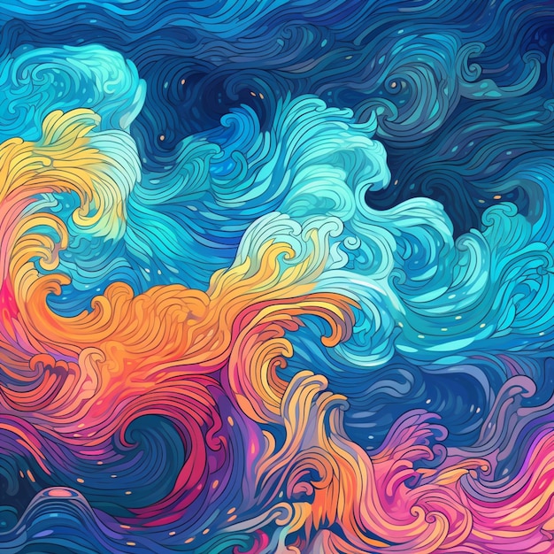 A close up of a colorful painting of waves and clouds generative ai