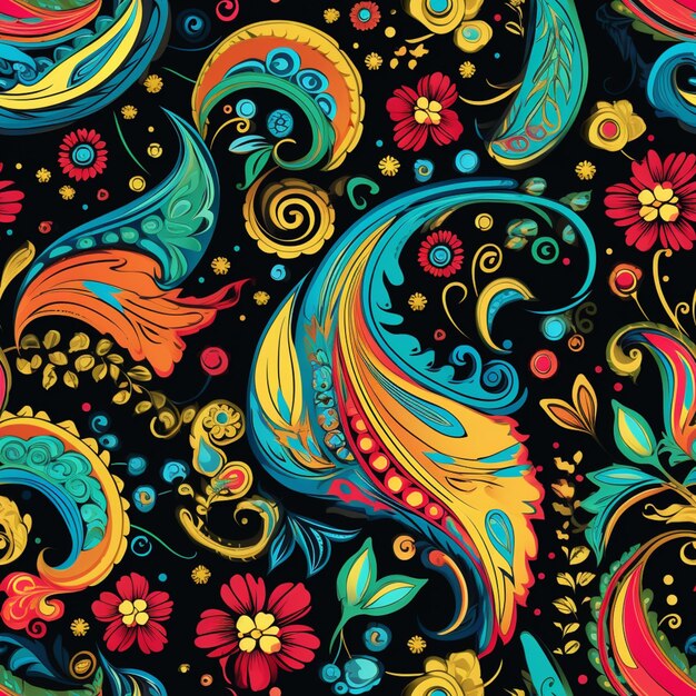 a close up of a colorful paisley pattern on a black background generative ai