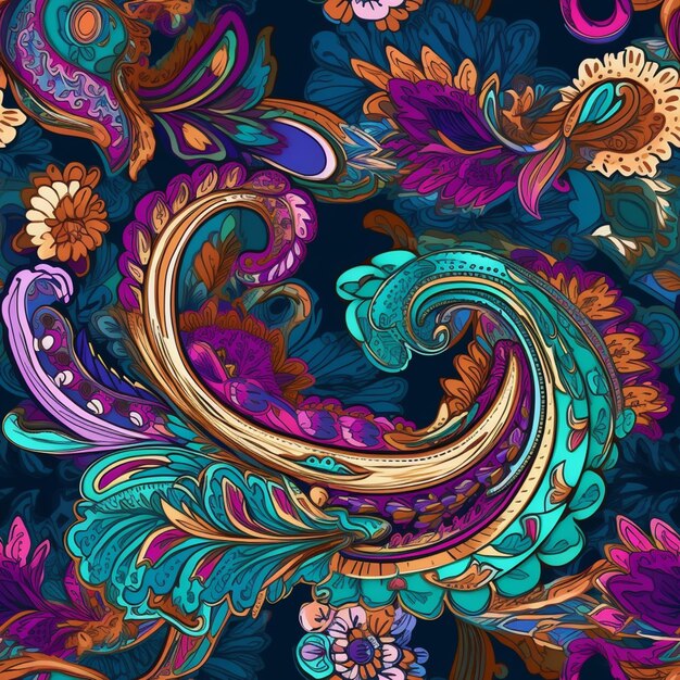 A close up of a colorful paisley pattern on a dark background generative ai