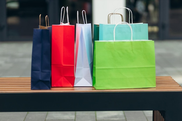 Close up of colorful paper shopping bags shopping concept in mall