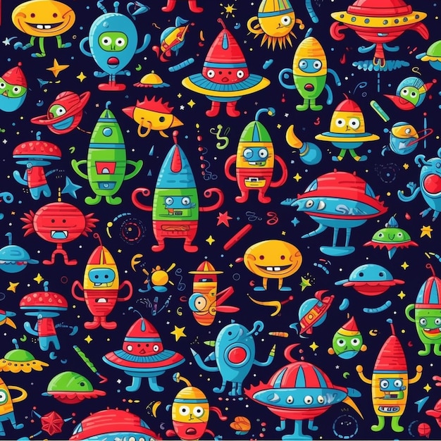 A close up of a colorful pattern of aliens and aliens generative ai